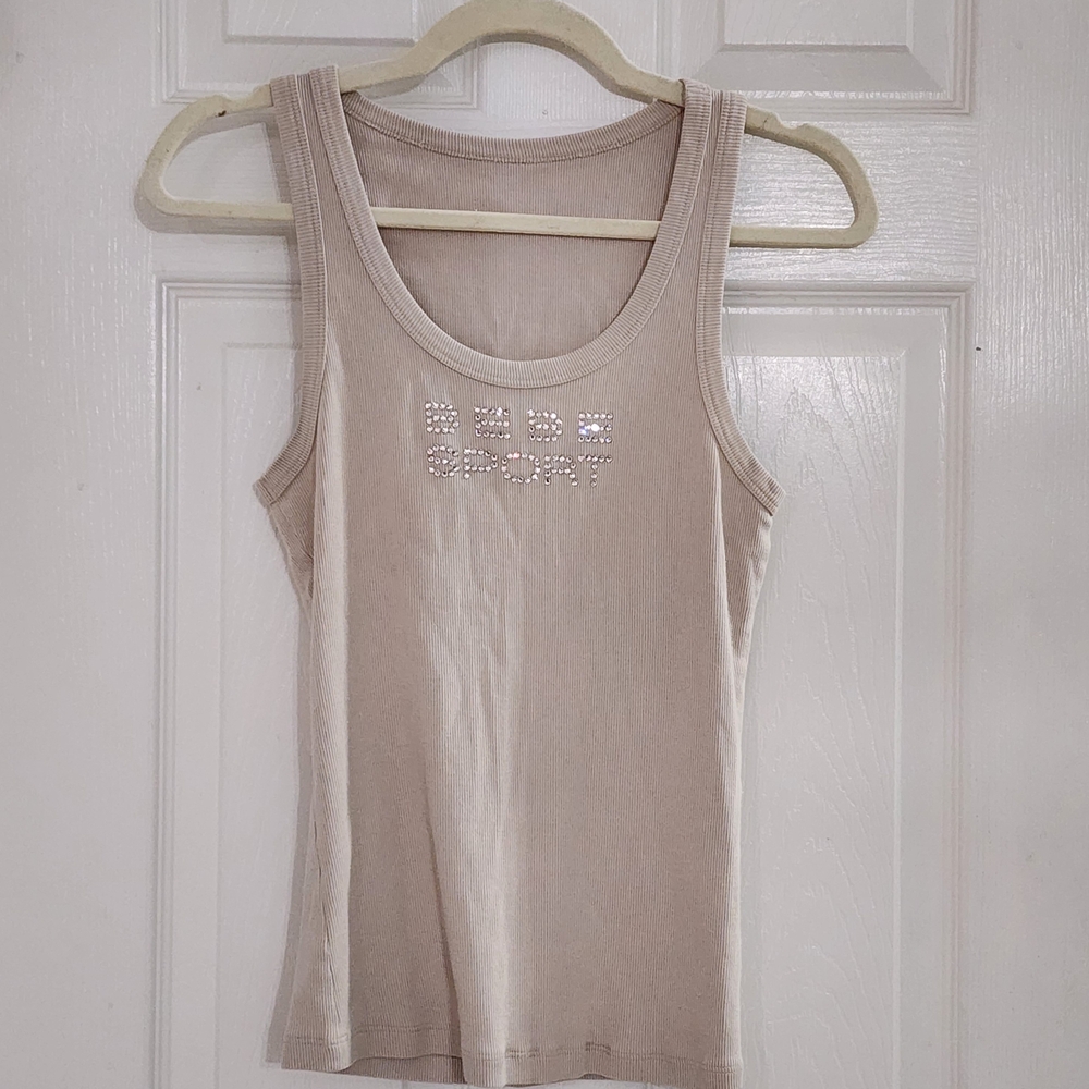 Bebe Sport Beige Ribbed Tank Top w/ Rhinestone Logo
